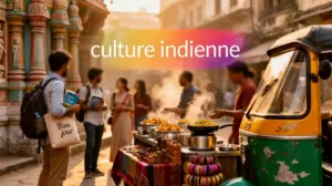culture indienne silhouettes voyageurs francophones devant temple et street food