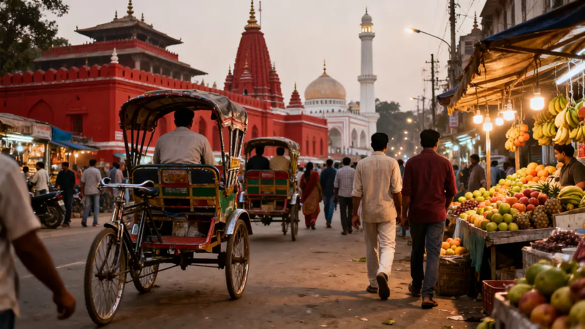 Marché animé Delhi culturelle rickshaw temples et mosquée