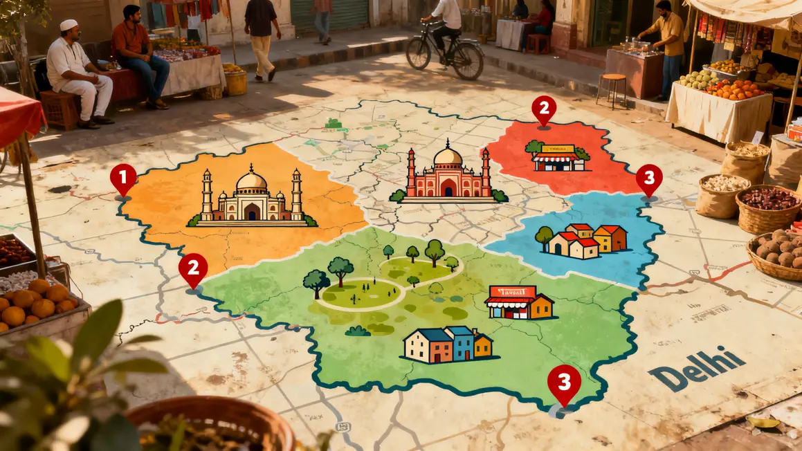 Carte Delhi culturelle quartiers avec monuments, parcs, marchés et logements