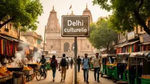 Scène urbaine vibrante Delhi culturelle avec temples, street food et voyageurs