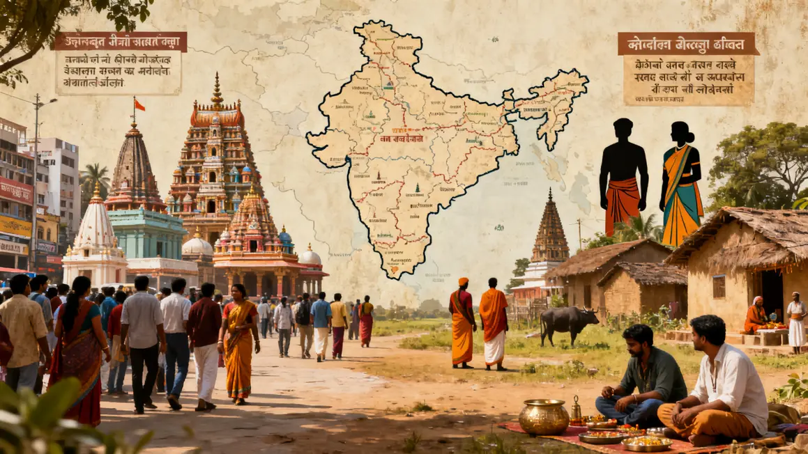 carte inde, silhouettes vetements traditionnels, temples et foule
