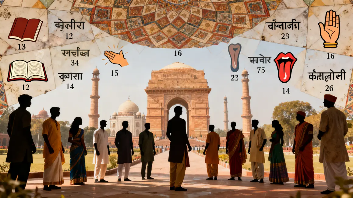 Silhouettes tenues indiennes symboles 22 langues monuments