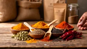 Curcuma, cumin, piment, cardamome et garam masala sur table, epices indiennes en 2026
