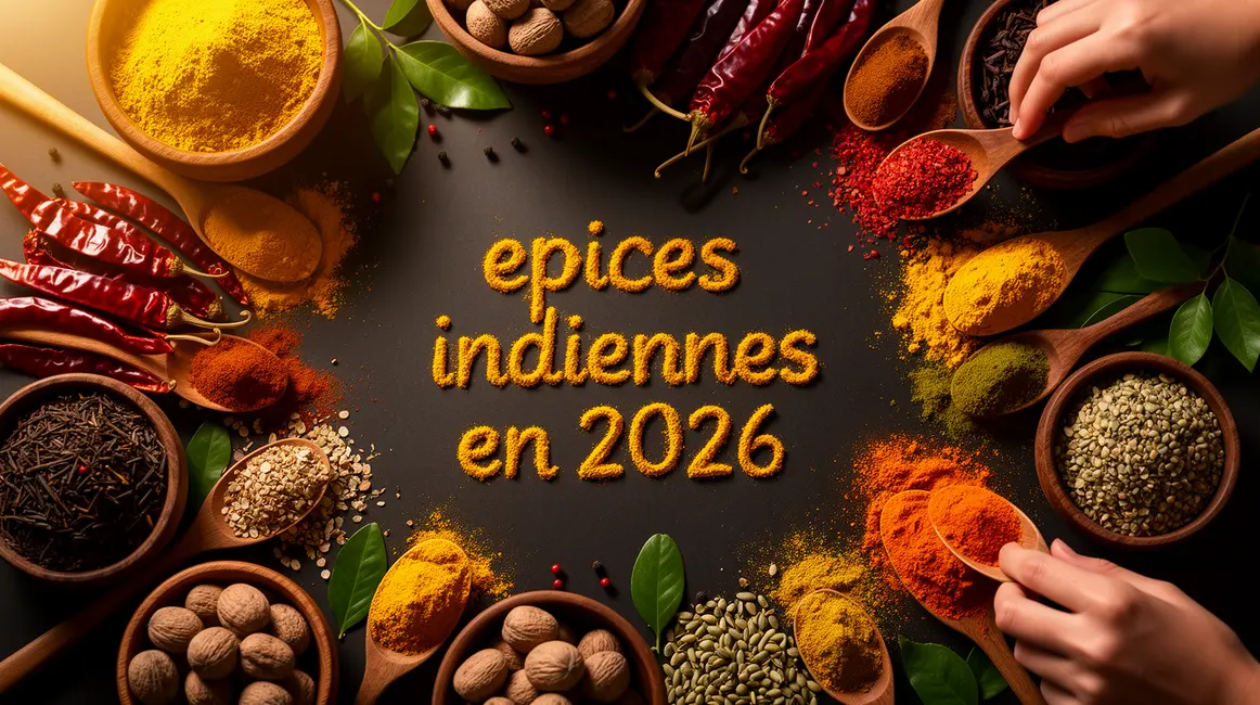 Epices indiennes 2026 vue plongeante nature morte