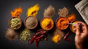 assortment भारतीय spices photorealist in bowls डाइविंग view