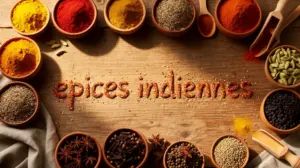Epices indiennes colorées sur table en bois vue dessus