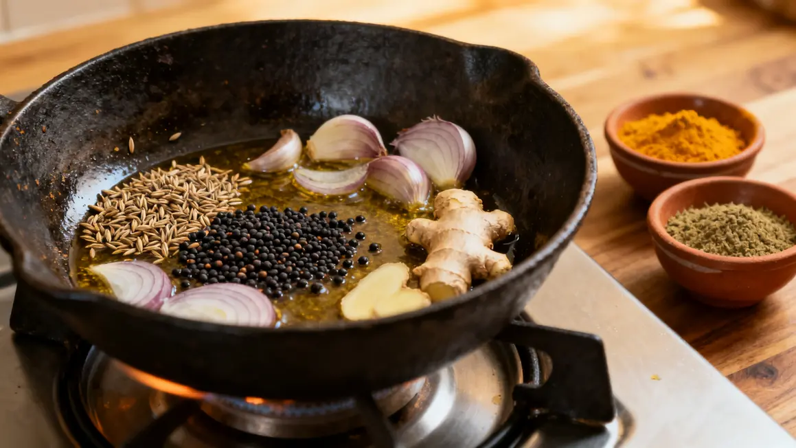 poêle tadka épices indiennes cuisson base aromates