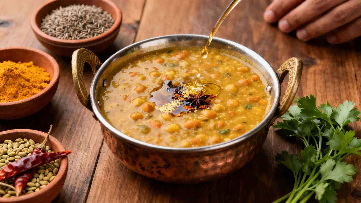 Plat dal indien, dosages épices, tadka huile chaude