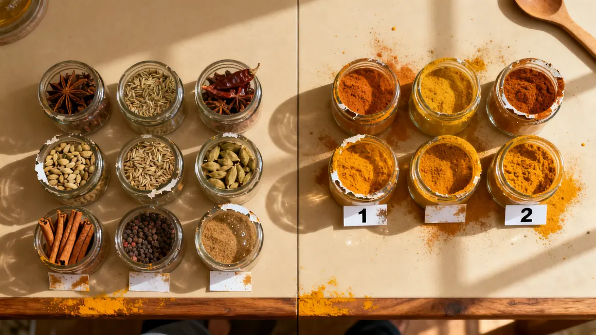 Comparatif epices indiennes entières moulues sous verre