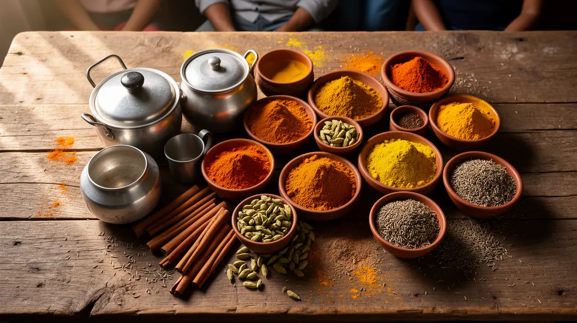Table épices indiennes vue dessus, ustensiles, curry curcuma cardamome