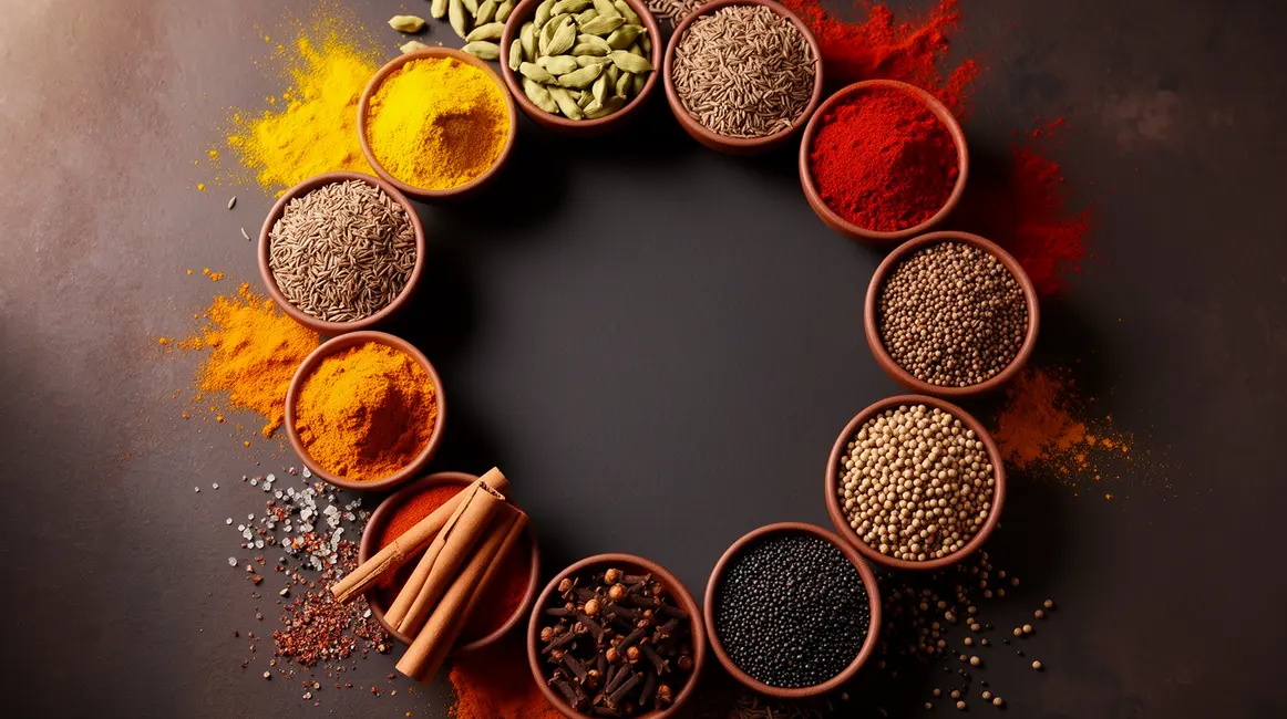 Assortiment epices indiennes poudre graines bols ronds