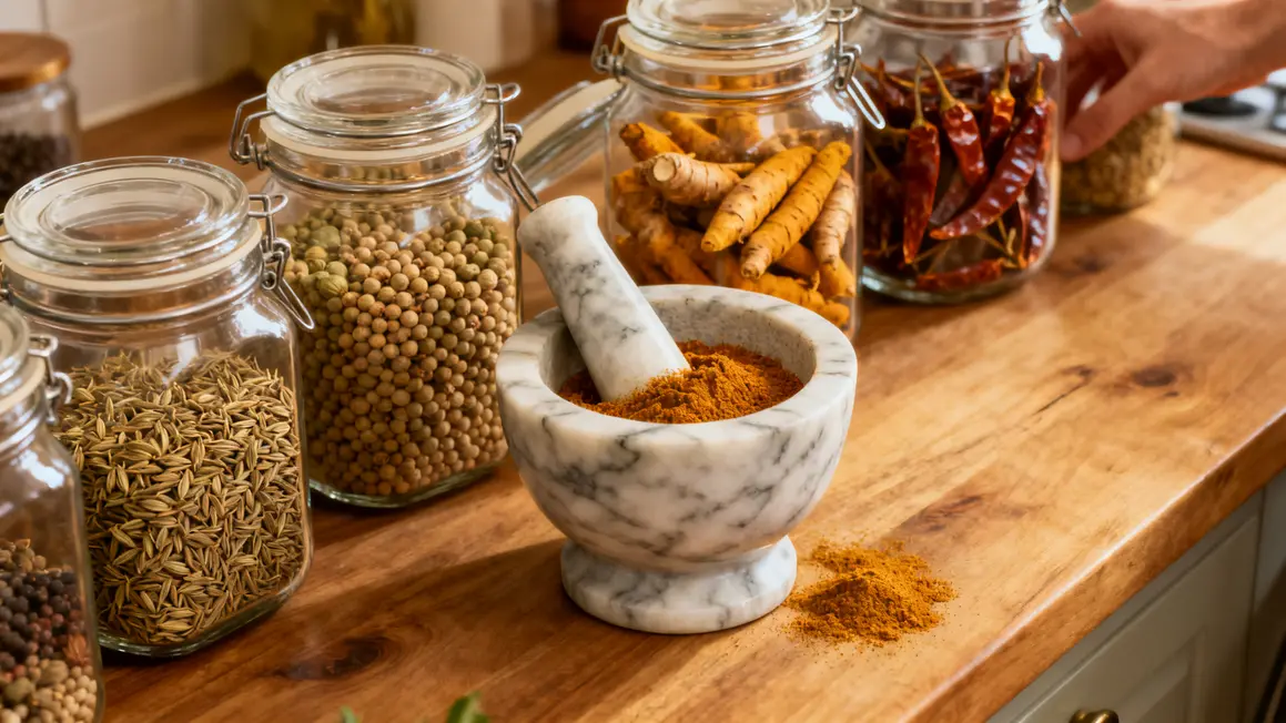 bocaux épices entières et mortier garam masala indien