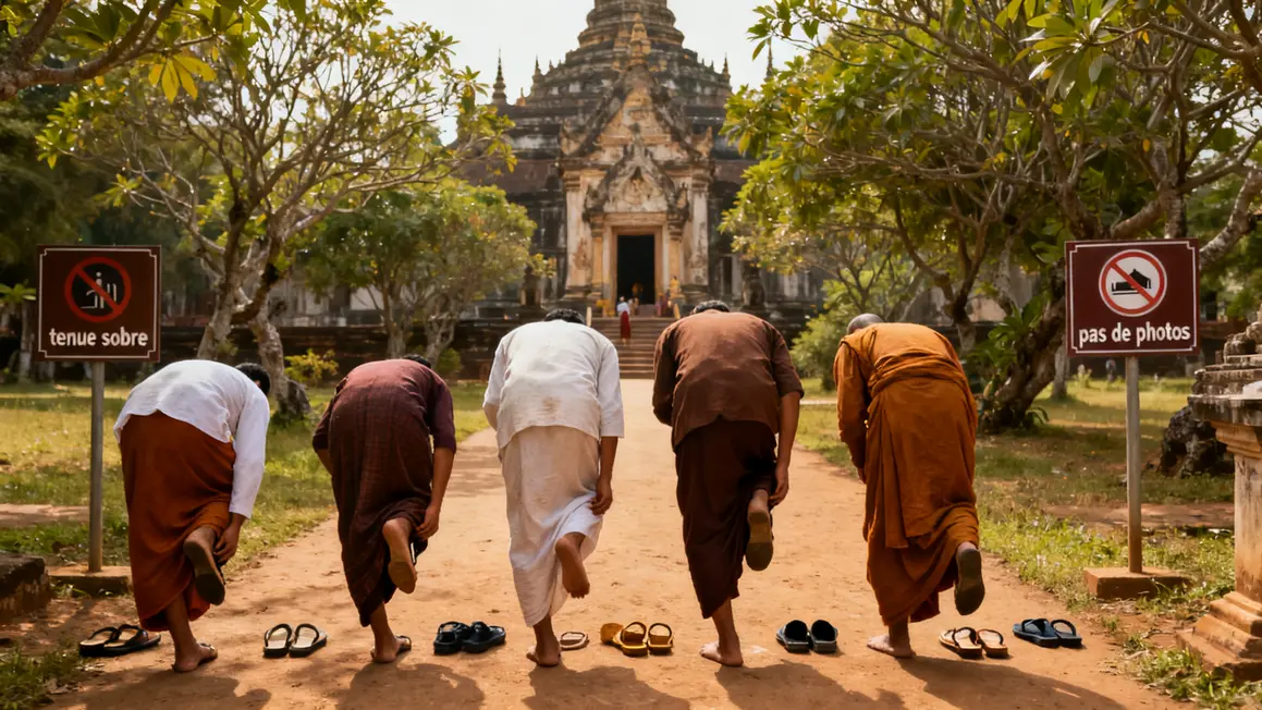 personnages retirent chaussures temple indien tenue sobre panneau pas de photos