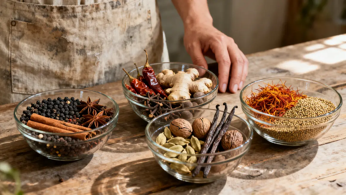 Groupes familles épices indiennes, bols, fond neutre