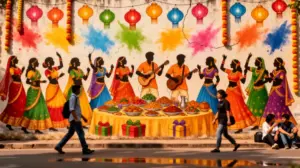 fresque festivités costumes lanternes poudres cadeaux repas