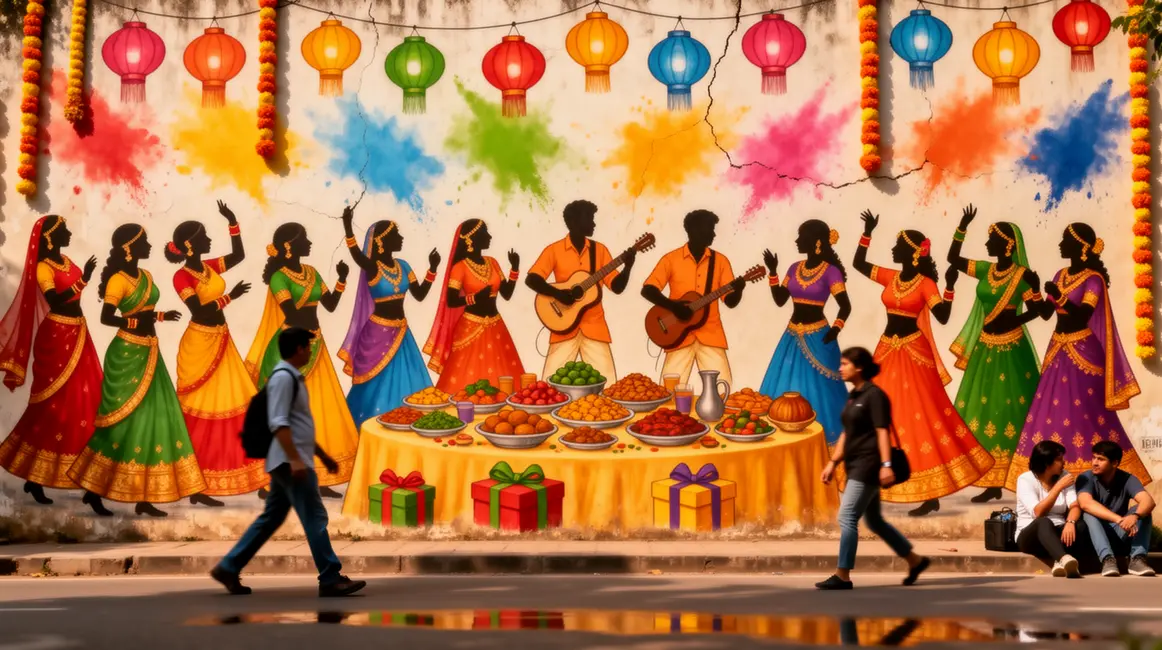 fresque festivités costumes lanternes poudres cadeaux repas