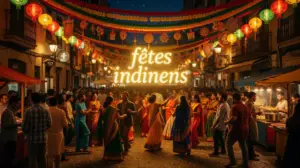 Foule celebrant fete indienne avec lanternes et costumes