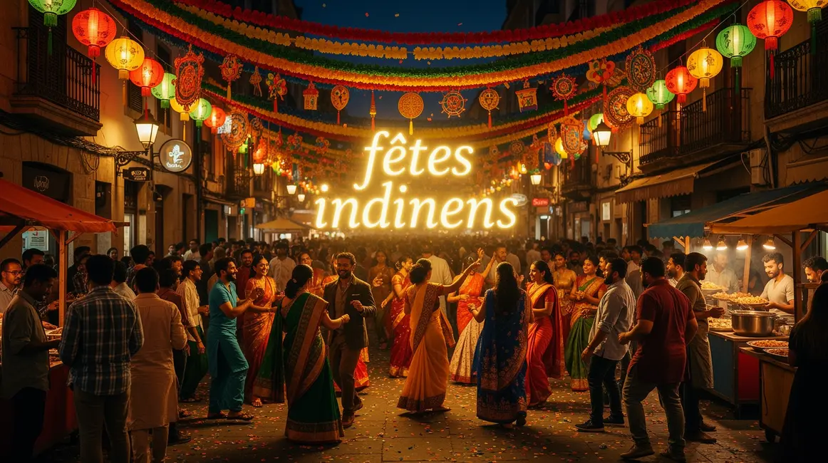 Foule celebrant fete indienne avec lanternes et costumes