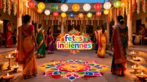 scene fetes indiennes saris rangoli lampes
