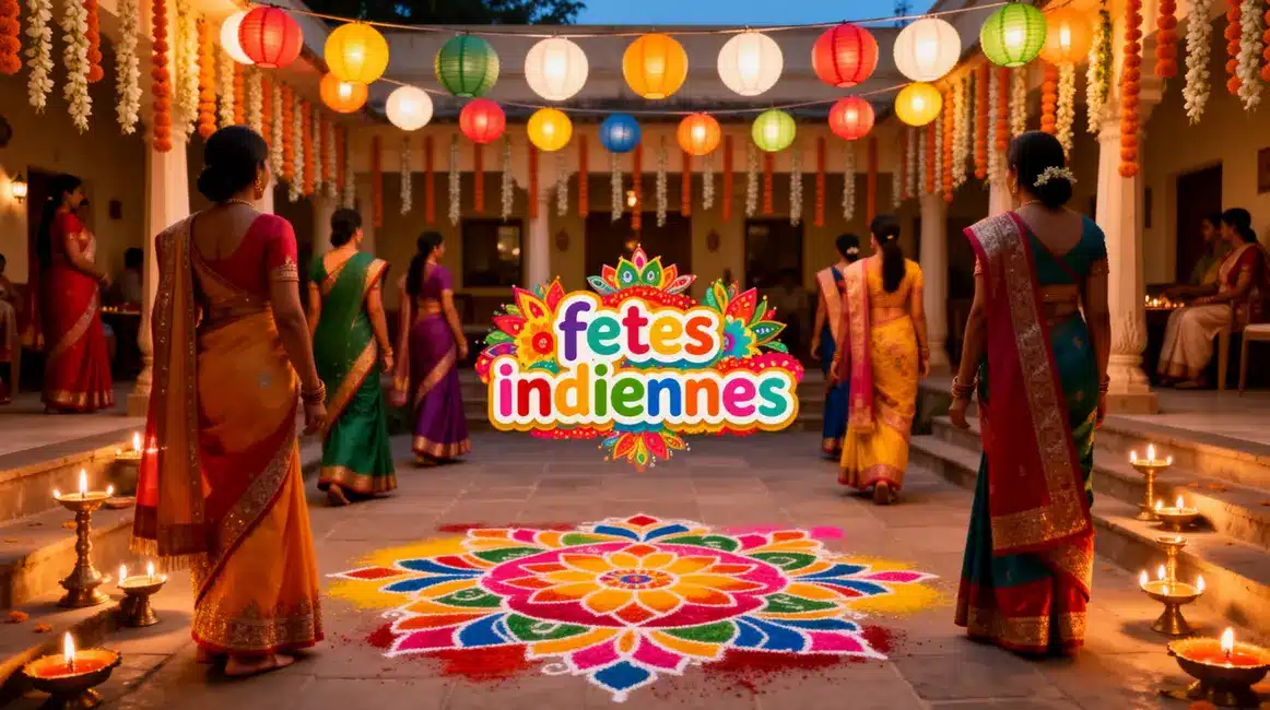 scene fetes indiennes saris rangoli lampes