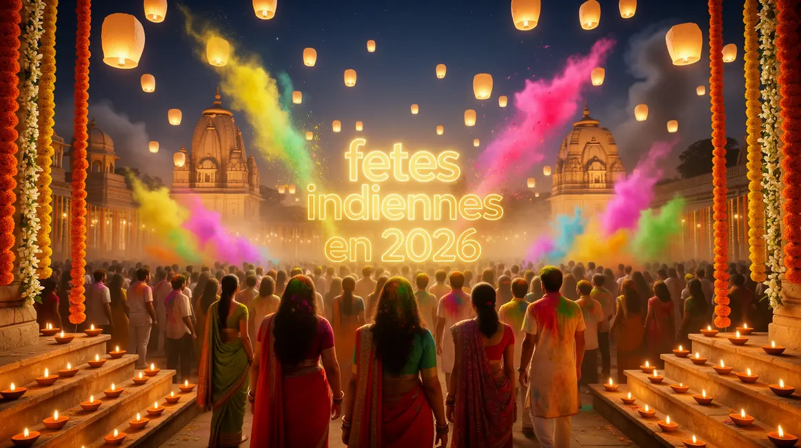Scène festive fêtes indiennes 2026 lanternes poudres temples foule