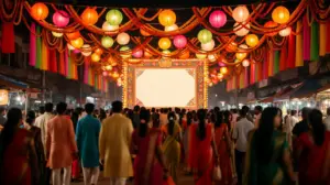 Foule en fete indienne avec tenues et guirlandes
