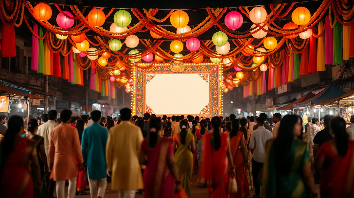 Foule en fete indienne avec tenues et guirlandes