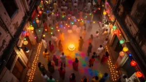 Foule festive dans rue indienne pendant fetes indiennes