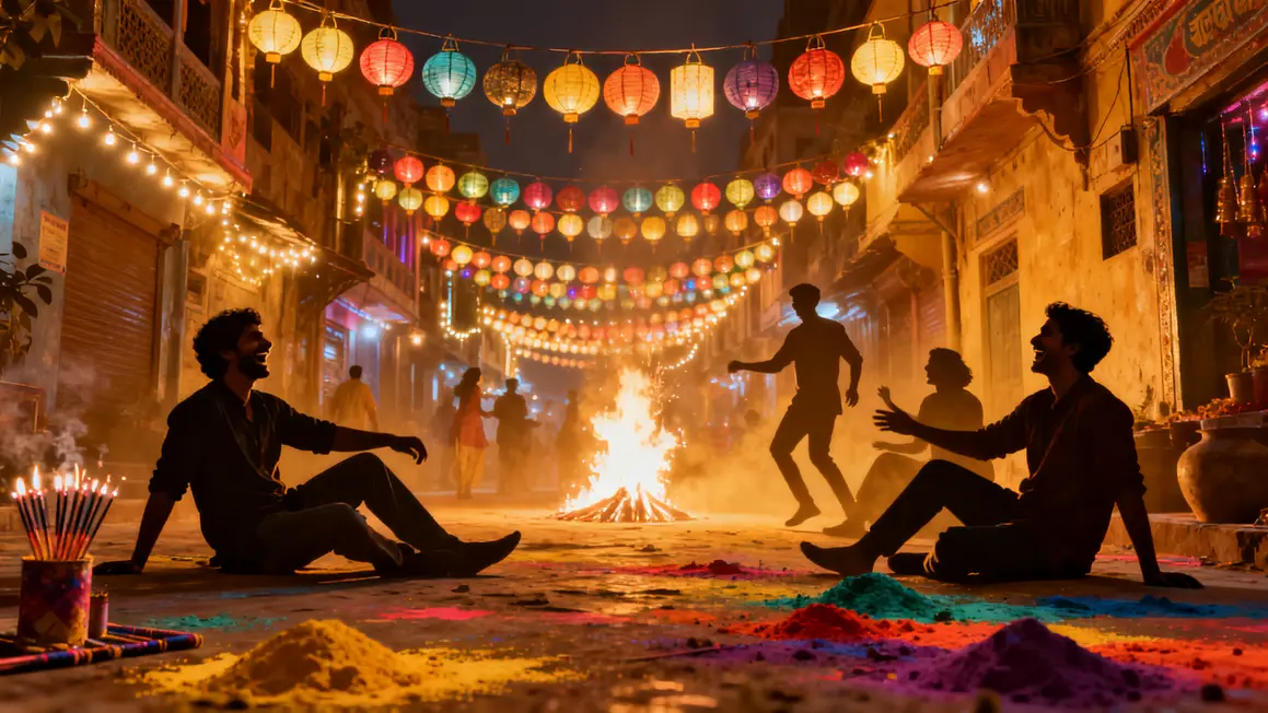 Rue indienne illuminee Holi Diwali scene festive