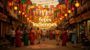 scene fete indienne rue guirlandes lanternes silhouettes