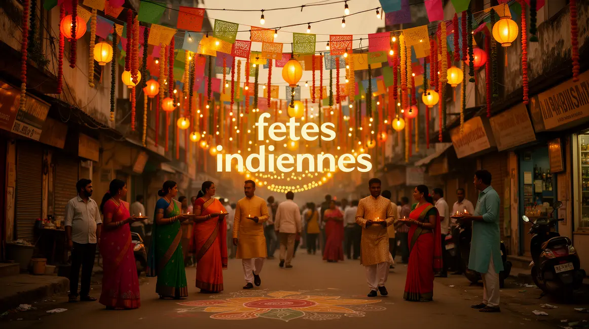 scene fete indienne rue guirlandes lanternes silhouettes