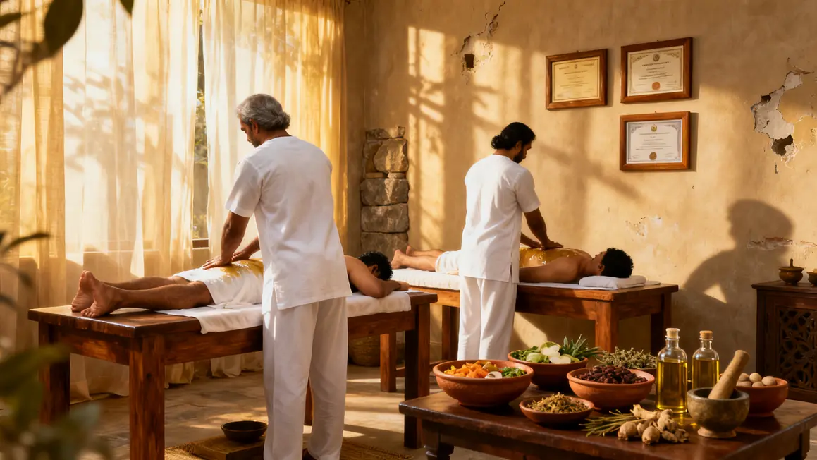 salle ayurveda massages abhyanga certificats repas frais photorealiste
