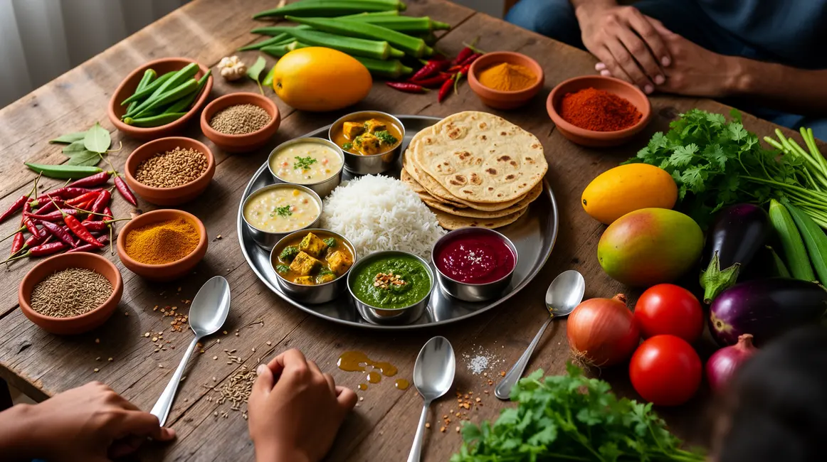 Assortiment de plats indiens et produits frais locaux pour gastronomie durable