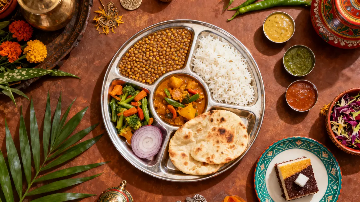 Plateau thali avec lentilles, riz, curry et chutney gastronomie indienne durable