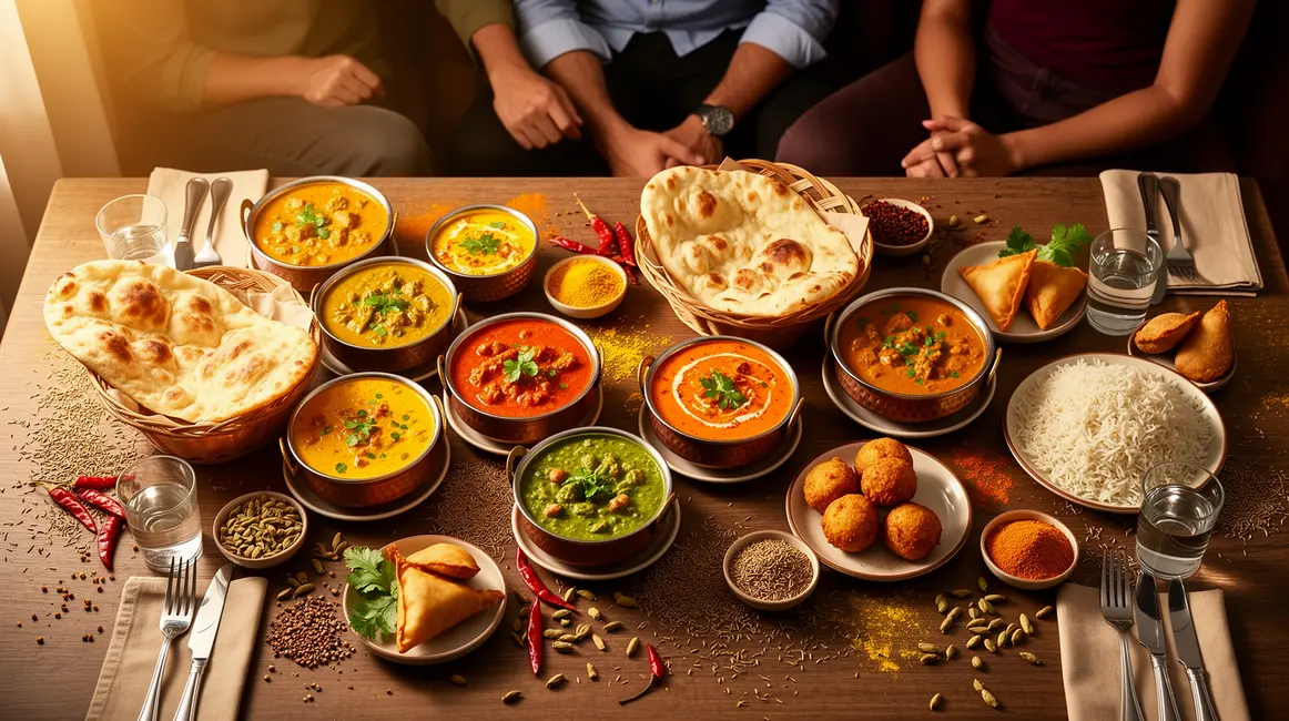 gastronomie indienne table garnie plats currys naan riz masalas street food
