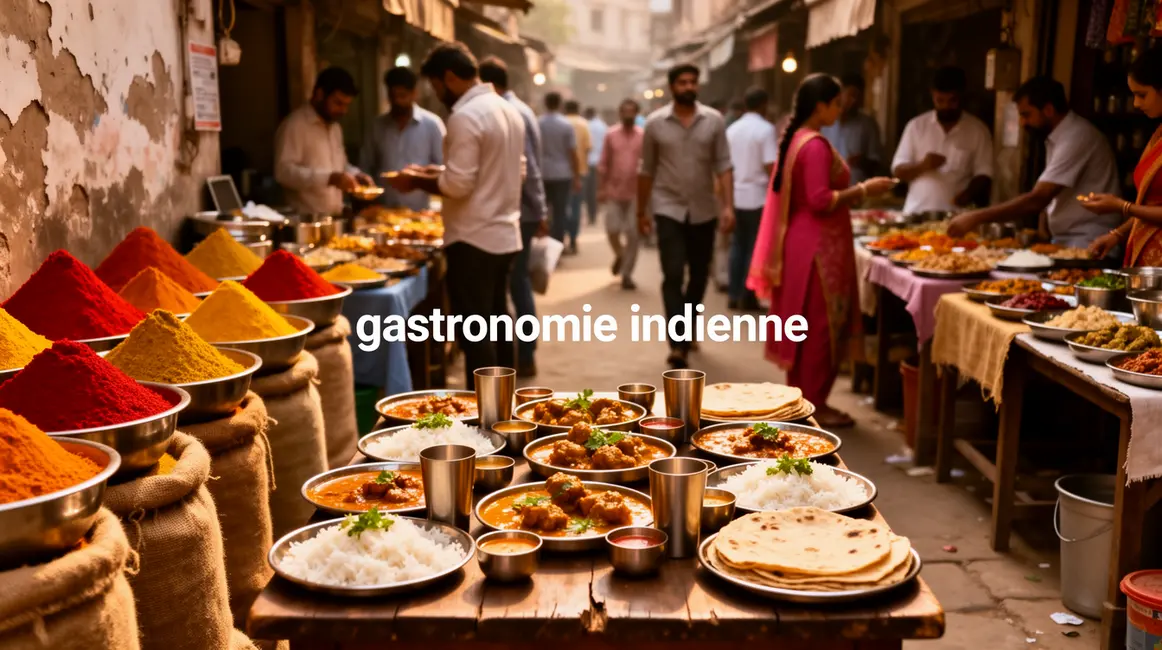 Scène de marché indien avec épices et thalis, voyageurs, ambiance conviviale
