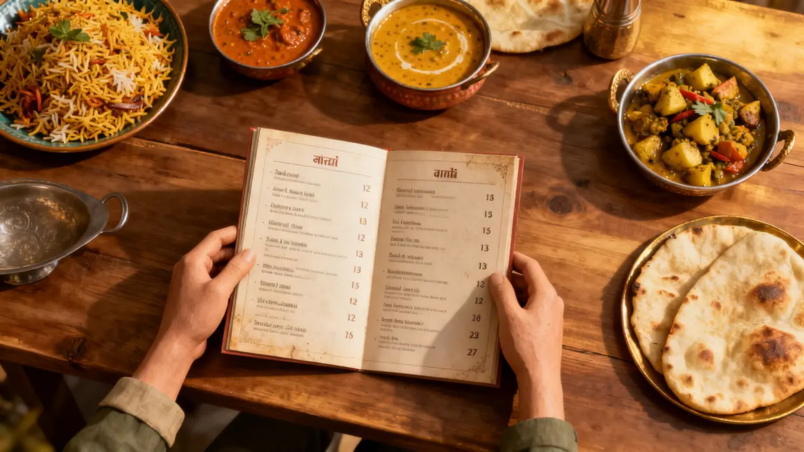 menu indien et plats regionaux sur table, gastronomie indienne