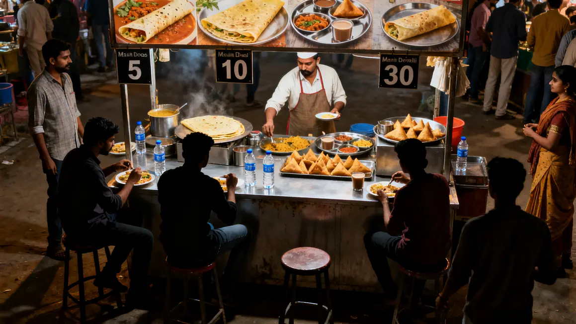 Stand street food Inde masala dosa thali chai budget