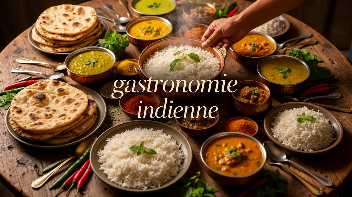 plats indiens variés sur grande table avec épices et naan