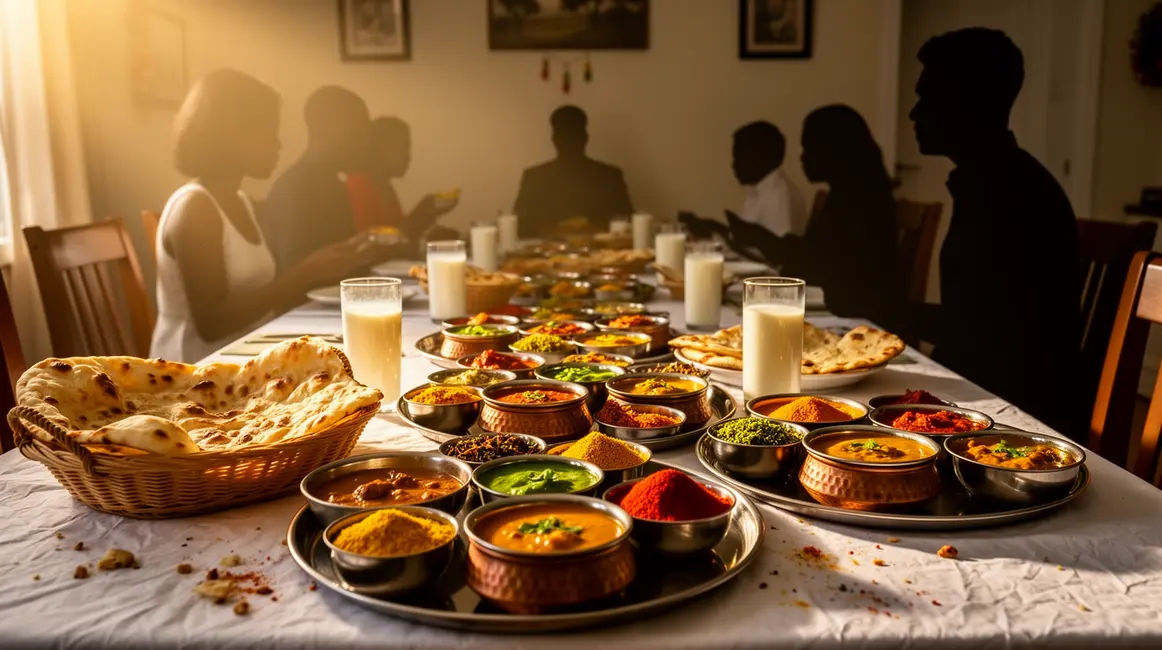 table de gastronomie indienne avec thalis naans currys et lassi