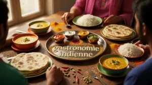 table de gastronomie indienne garnie de thali naan currys et epices