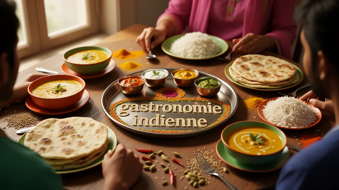 table de gastronomie indienne garnie de thali naan currys et epices