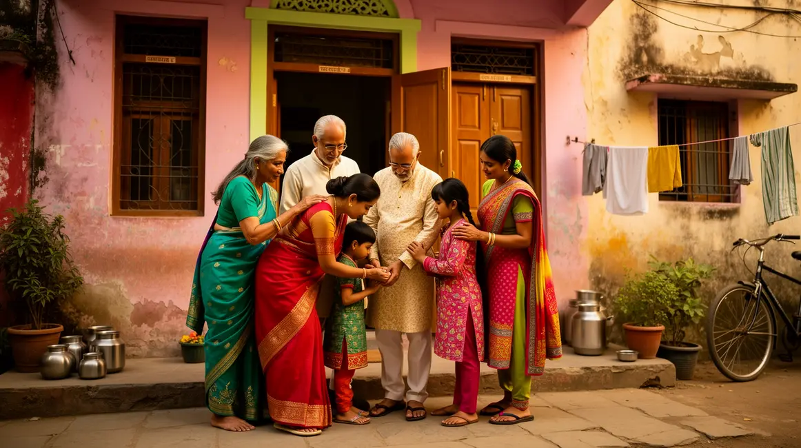 Famille indienne gestes respect devant maison guide culture indienne