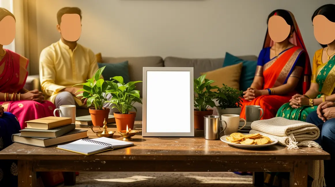 table basse avec silhouettes en habits indiens et texte guide culture indienne
