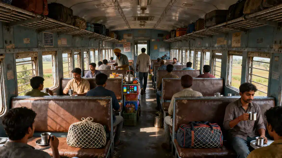 passagers partageant chai interieur train Inde