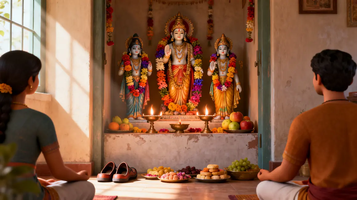 Mandir domestique avec murtis, lampes allumées et offrandes
