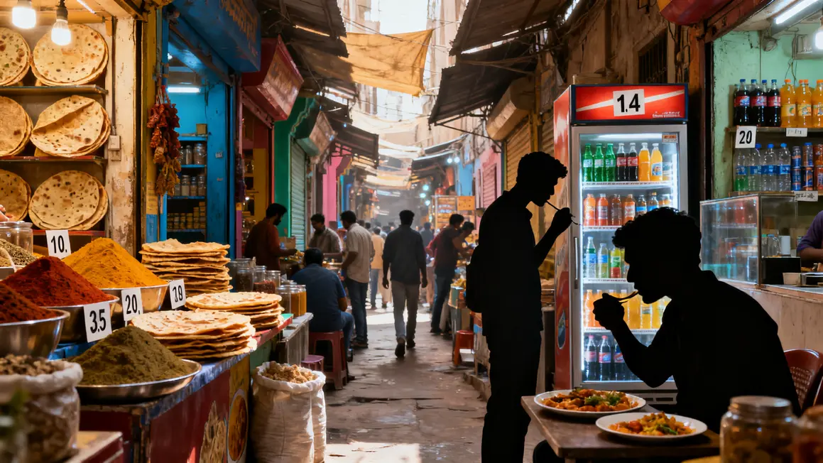 Marché animé Delhi street food épices