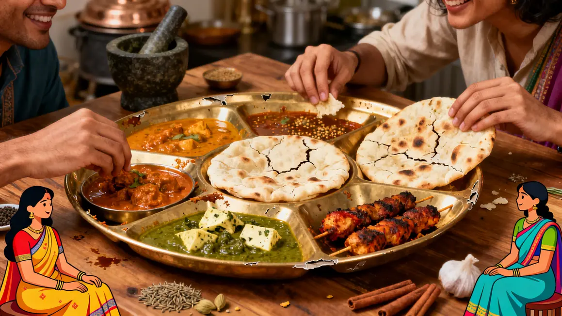 Mosaïque de plats indiens régionaux, thali, currys, naans, ambiance chaleureuse