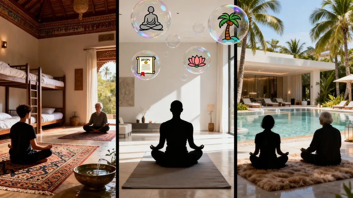 différents objectifs séjour yoga en Inde silhouettes méditation ashram centre resort