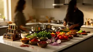Organisation cuisine indienne silhouettes préparant repas gain de temps
